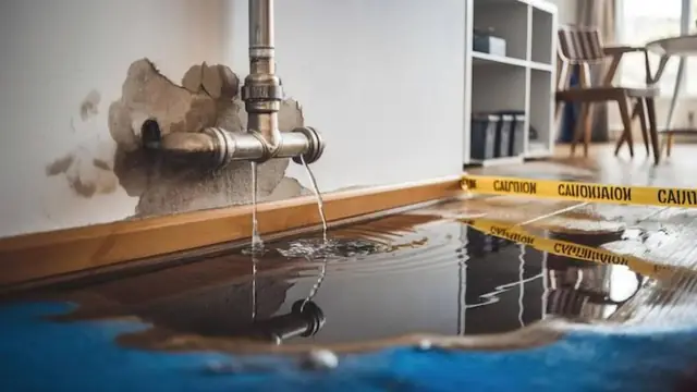 Burst pipe spraying water onto a floor marked with caution tape