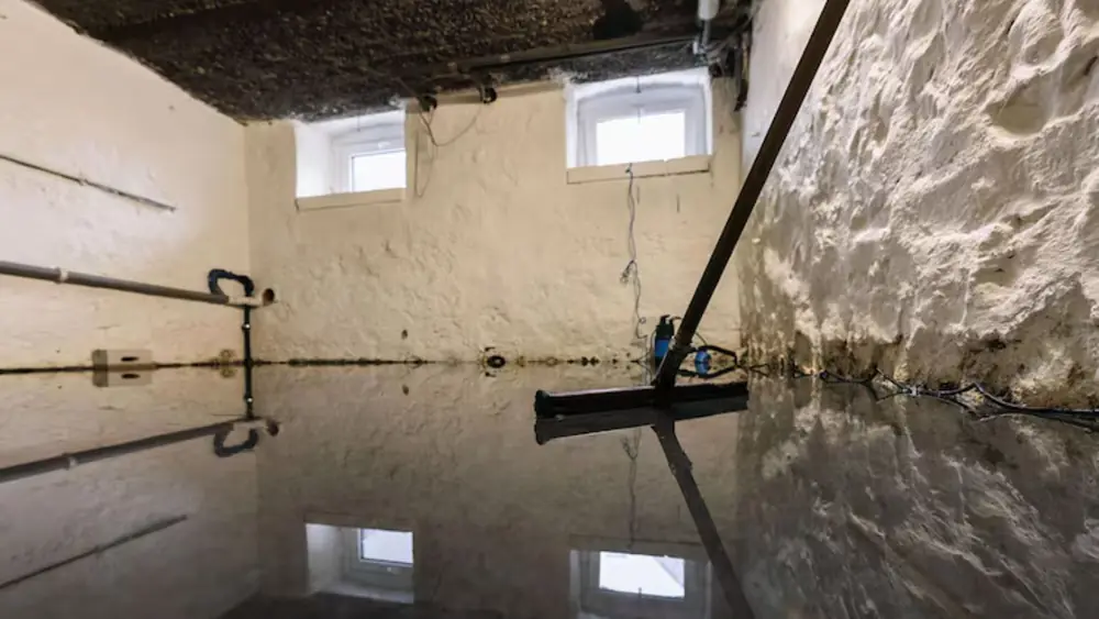 Flooded basement with a floor squeegee leaning against the wet wall