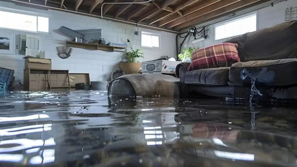 Flooded basement living space with a couch partly under water