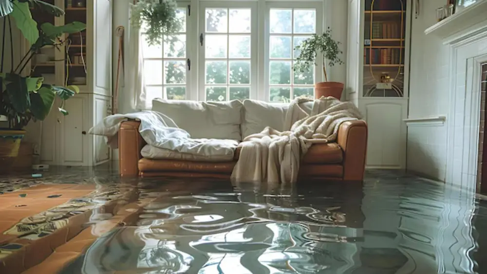 Living room sofa surrounded by floodwater