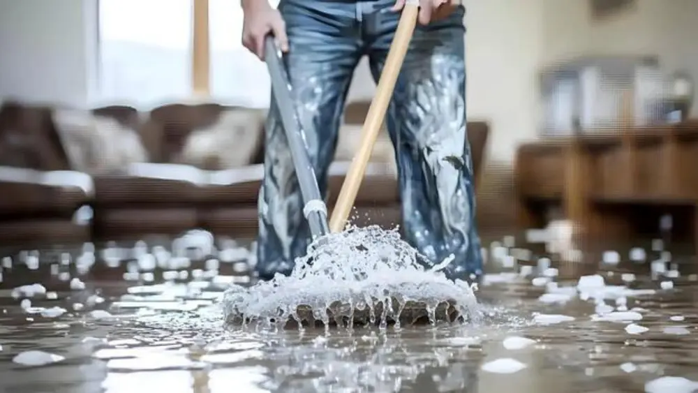 Mop working through soapy water on a living room floor