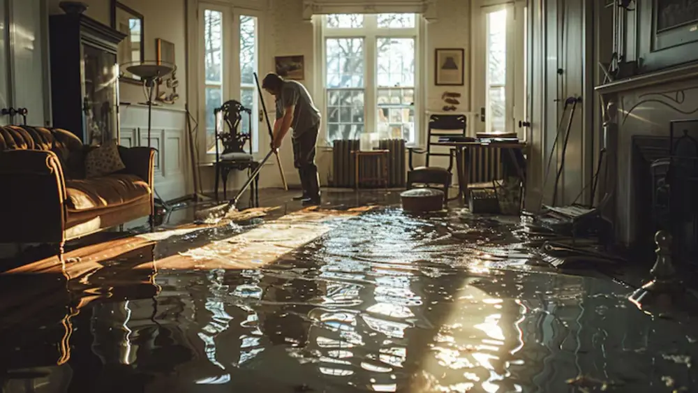 Person cleaning a flooded living room