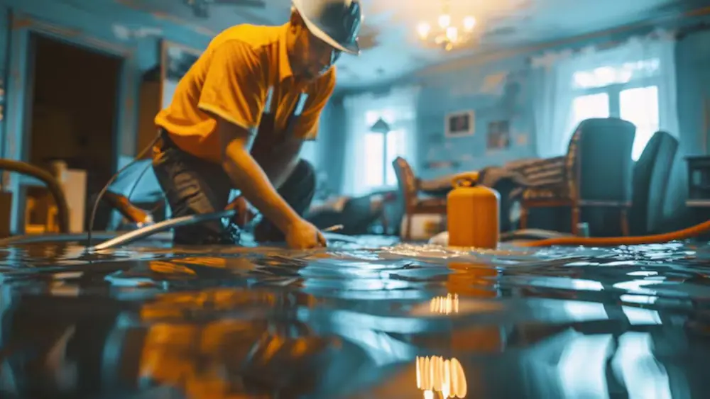 Technician in a hard hat kneeling in a flooded living room next to equipment