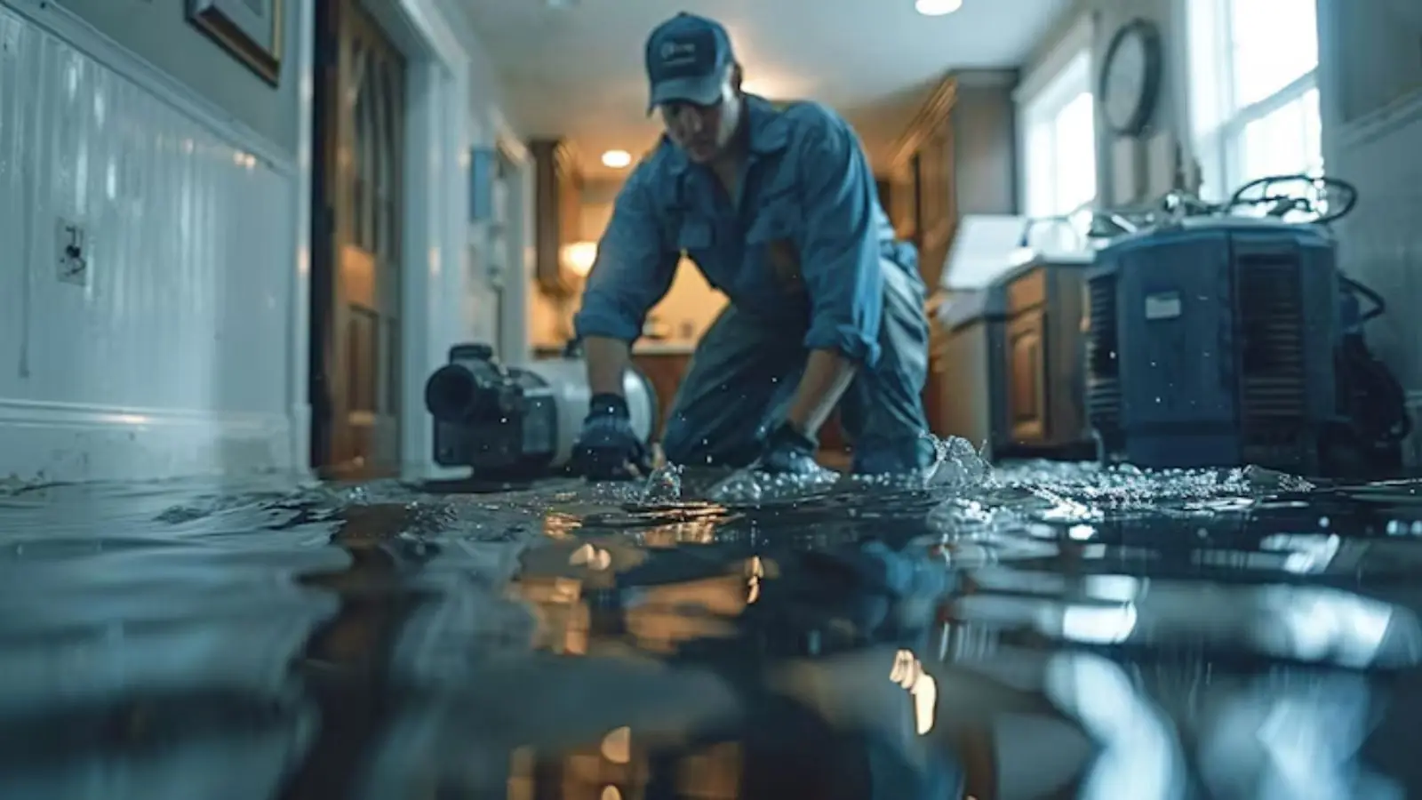 Technician kneeling over a pump in a flooded hallway