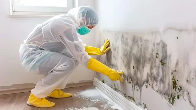 Worker in a protective suit and gloves scrubbing mold along a wall baseboard