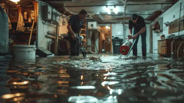Workers running equipment in a flooded basement