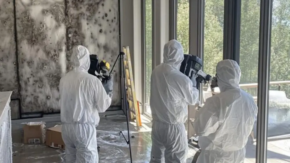 Workers in white protective suits with equipment inspecting a mold-stained room