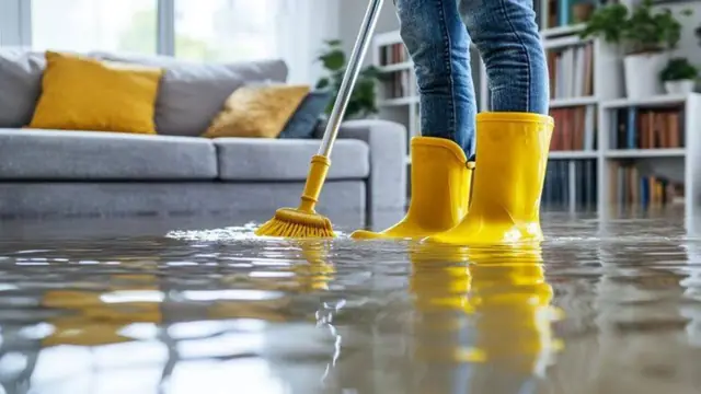 Person in yellow rubber boots mopping floodwater in front of a sofa