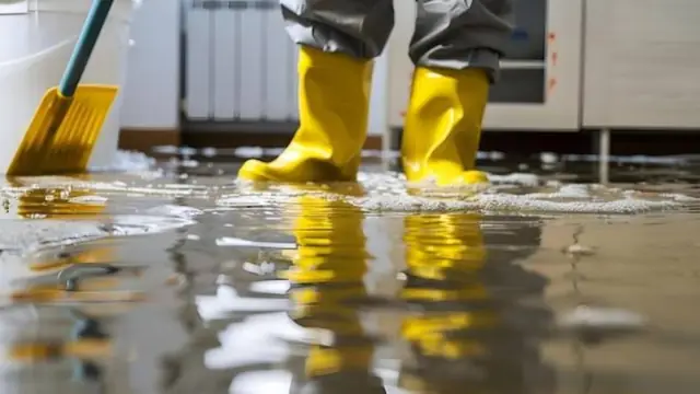 Yellow rubber boots and a shovel in water on a kitchen floor